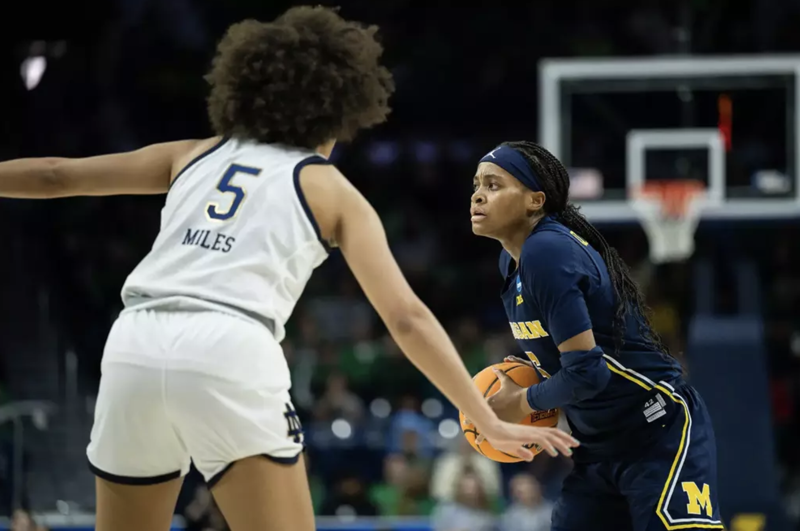 Michigan Guard Brooke Quarles Daniels being guarded by Fighting Irish guard Olivia Miles.